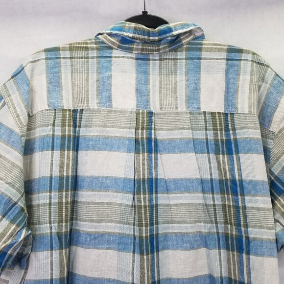 Eddie Bauer Camp Shirt Men's XXL Plaid Short Sleeve Button Up Blue Linen Cotton - Picture 12 of 16